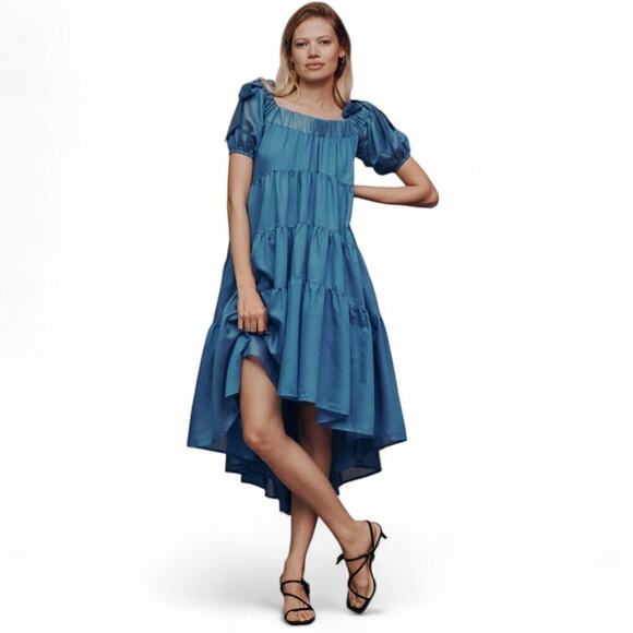 NEW Anthropologie Blue Off the Shoulder Tiered High Low Midi Dress Size XS - Picture 1 of 8